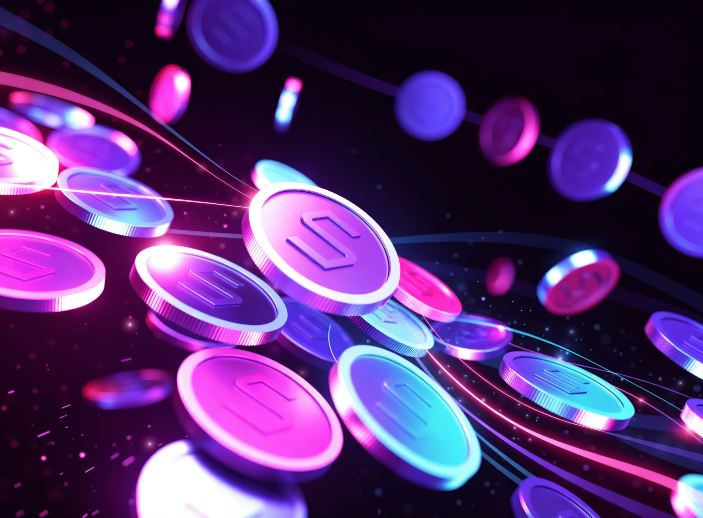 Cluster of glowing neon crypto coins connected by light trails