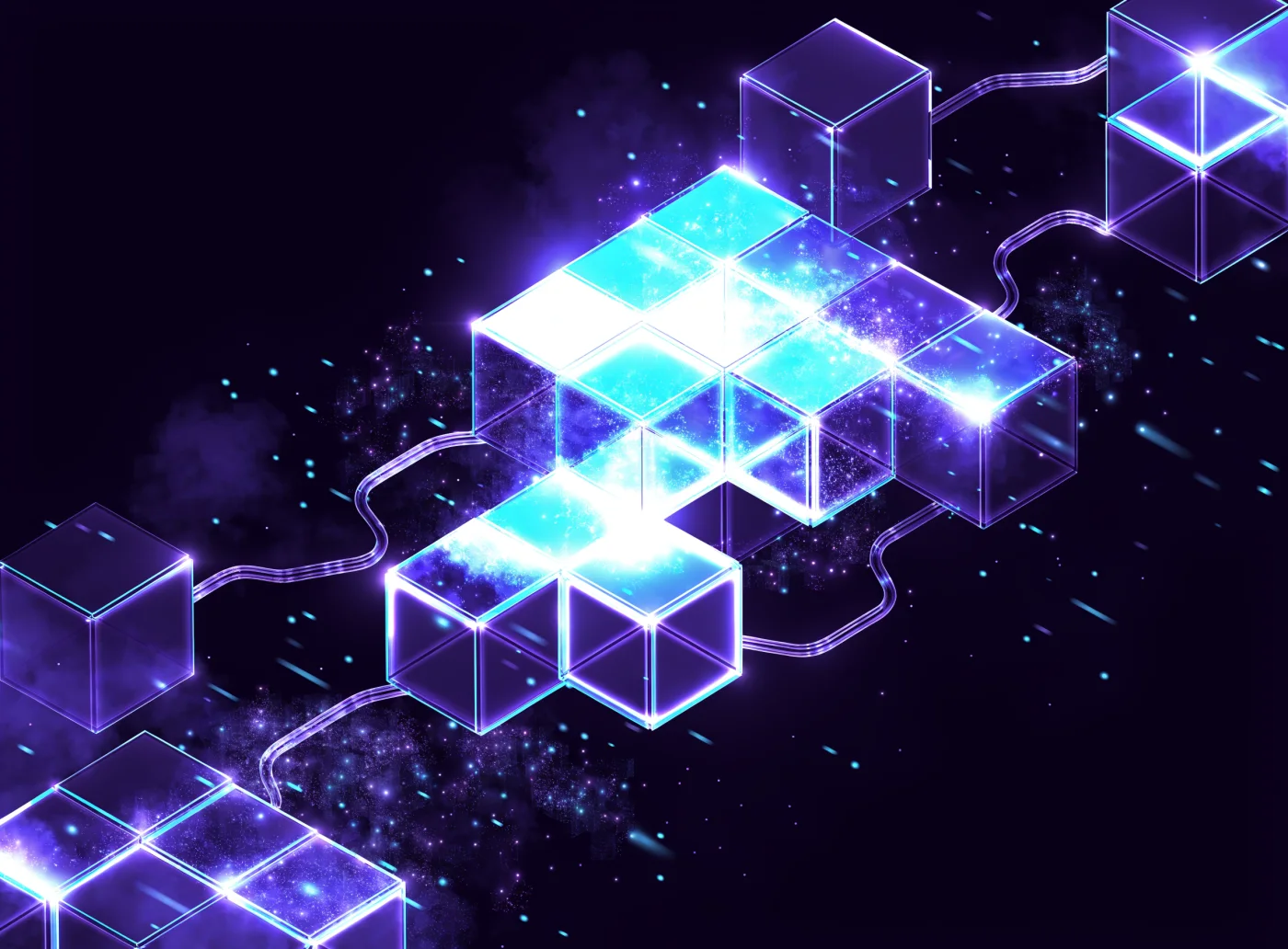 Isometric lattice of glowing neon blockchain cubes