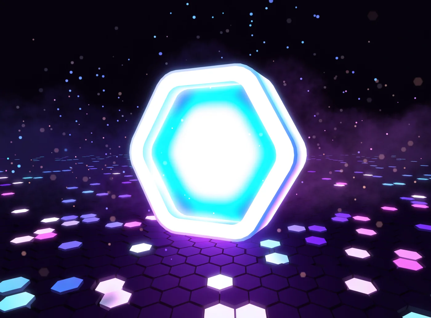 Glowing cyan hexagonal vault badge on a neon hex grid